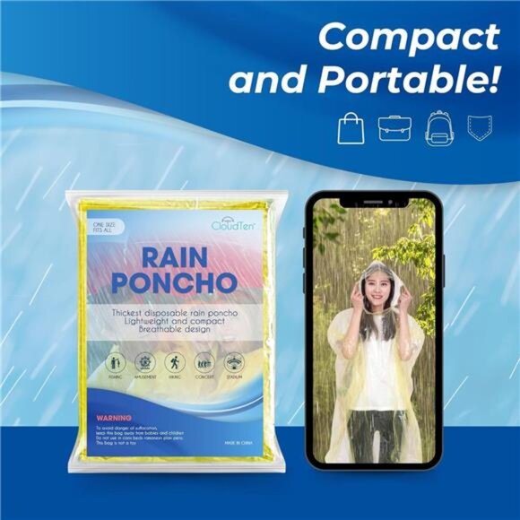 Disposable Rain Ponchos for Adults 4 Pack Waterproof Compact Hooded Multi Color - Picture 3 of 7